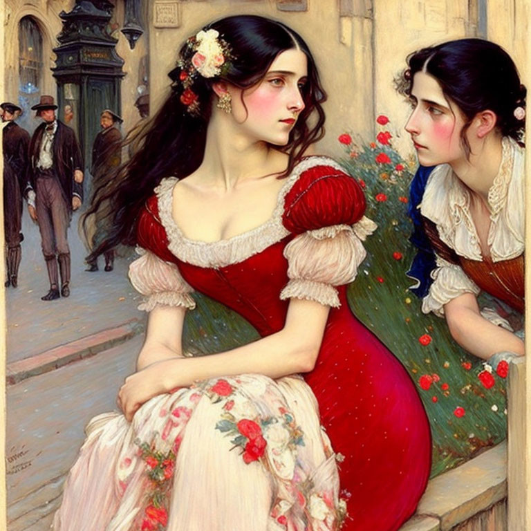 Two women in vintage dresses with flower adornments on city bench, man walks by.