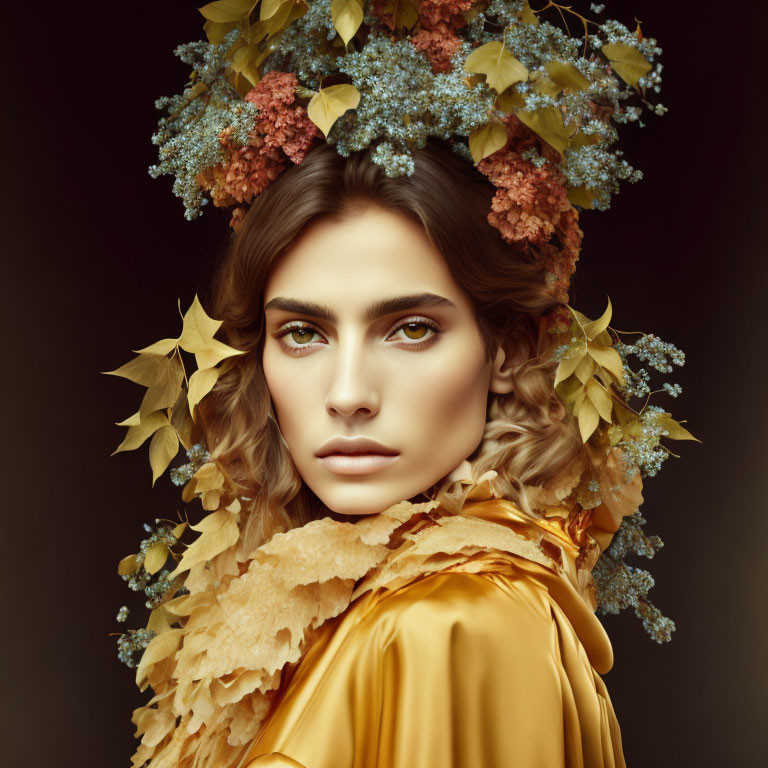 Woman in autumn-themed leaf headdress and golden attire on dark background