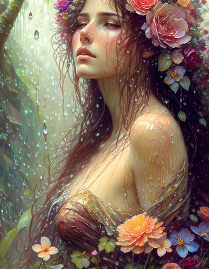 Woman with Flowers in Hair Surrounded by Whimsical Floral Ambiance