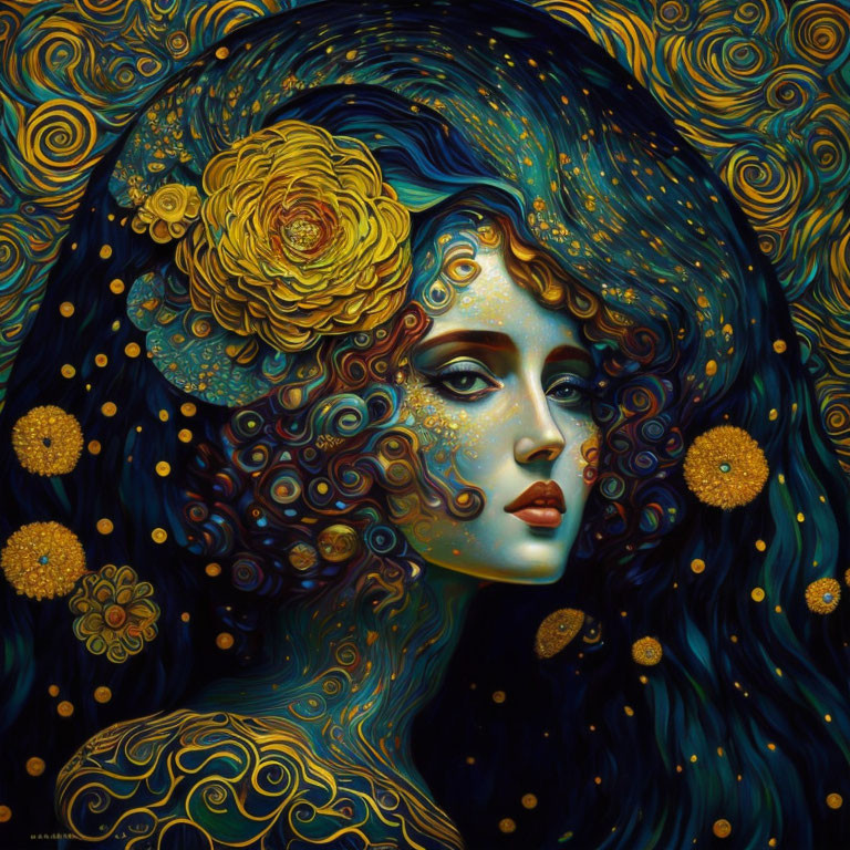 Woman with dark flowing hair and golden flower adornments in Van Gogh-inspired artwork