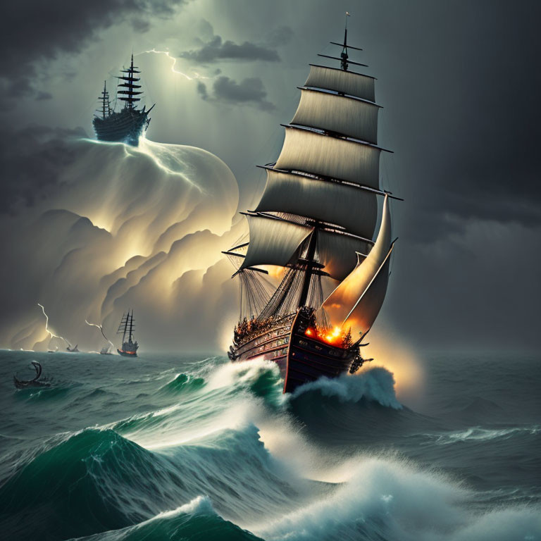 Sailing ship in stormy seas under dramatic sky