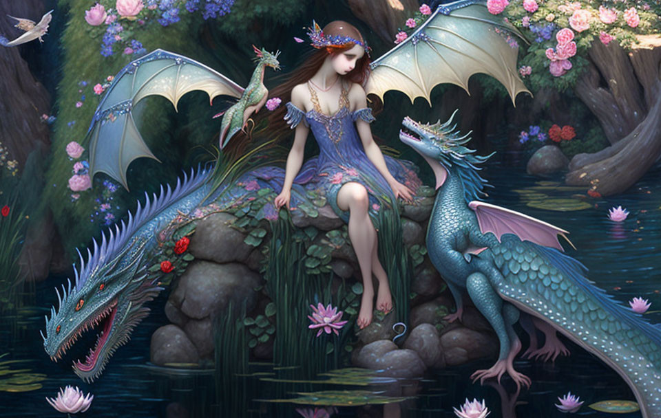 Woman with dragons in fantasy setting surrounded by flowers and pond