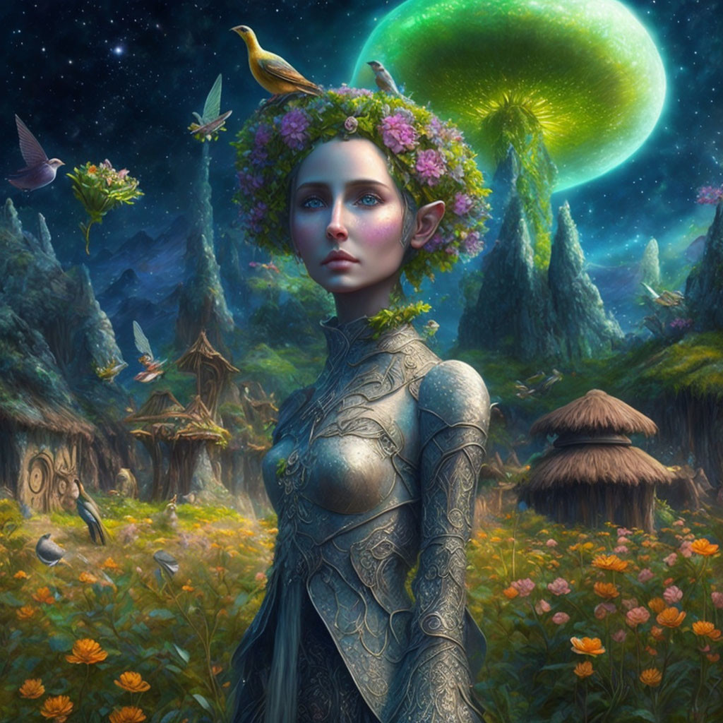 Fantasy portrait of woman in ornate armor in mystical forest