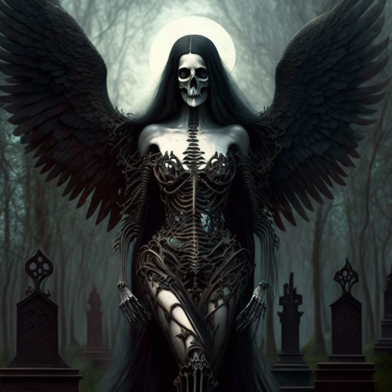 Gothic skeletal figure with wings in armor on misty cemetery background