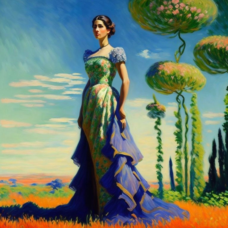 Woman in Blue and Green Gown in Vibrant Fantasy Landscape