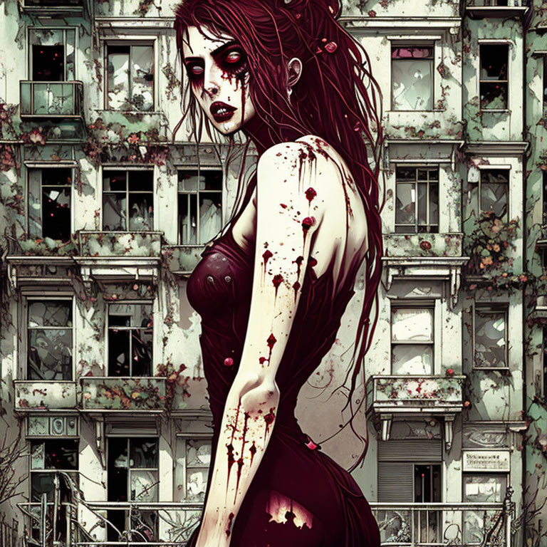 Dark artwork featuring bloodstained woman with red eyes in front of decrepit building