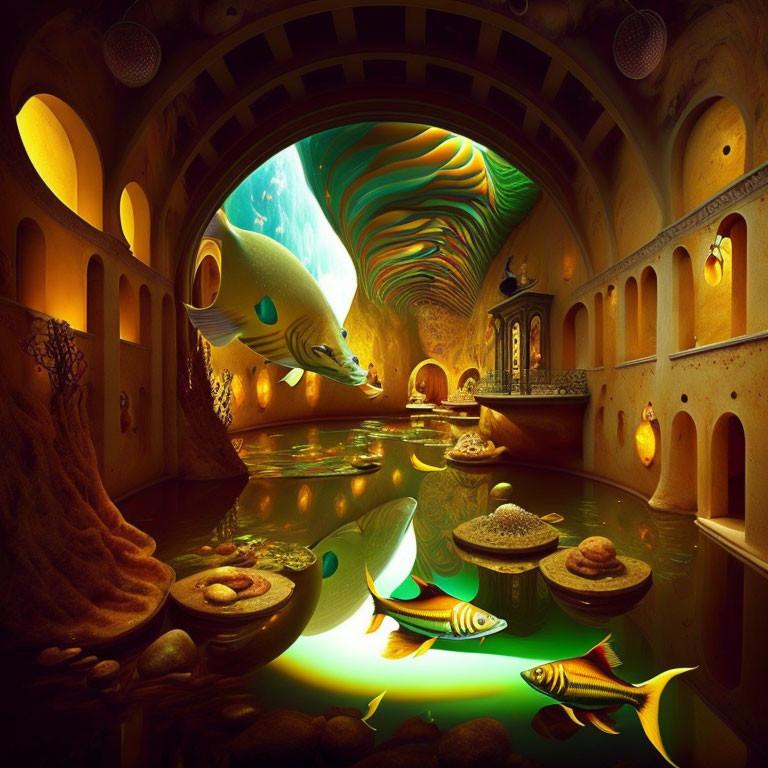 Golden tunnel underwater scene with swimming fish