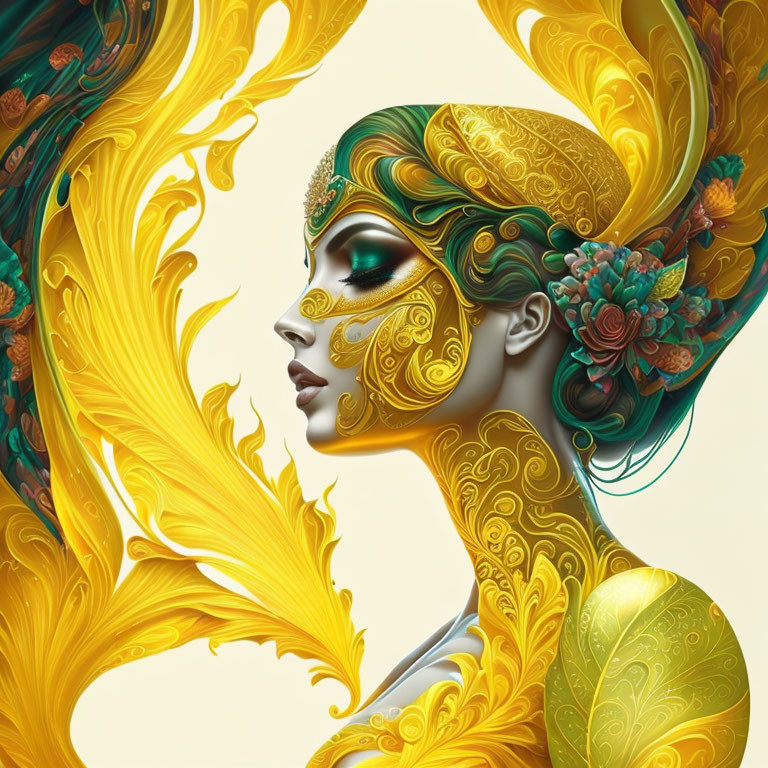 Digital artwork featuring woman's profile with ornate gold details