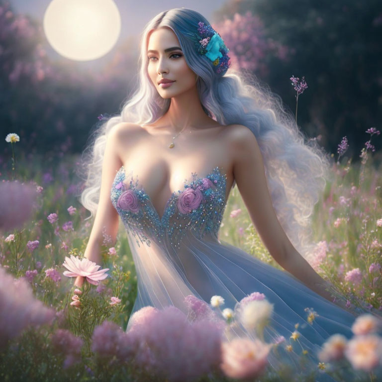 Surreal portrait of woman with long wavy hair in floral gown amidst blooming meadow