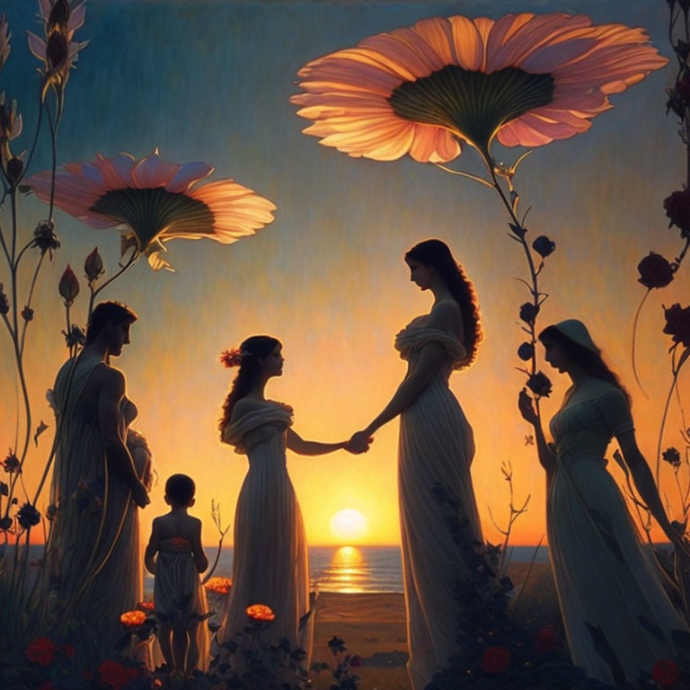 Silhouetted group holding hands at sunset with oversized flowers.