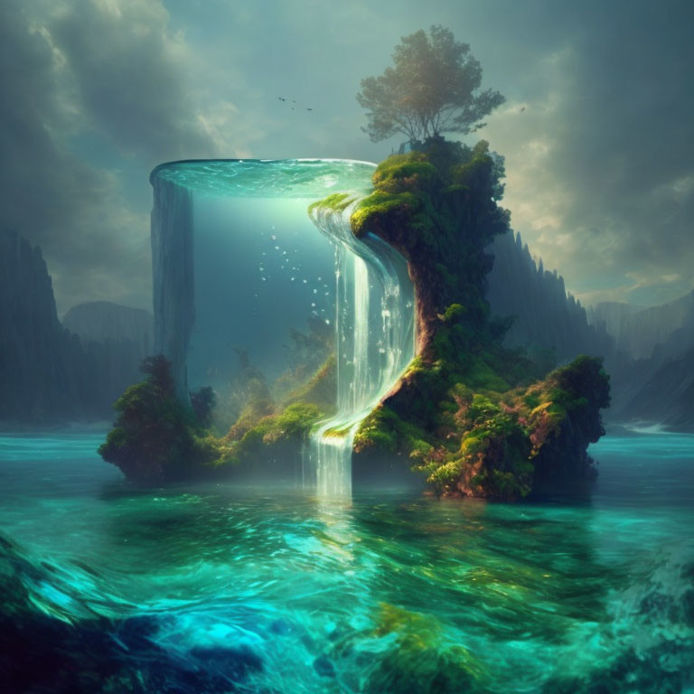 Fantastical landscape with island, tree, waterfall, lake, and mountains