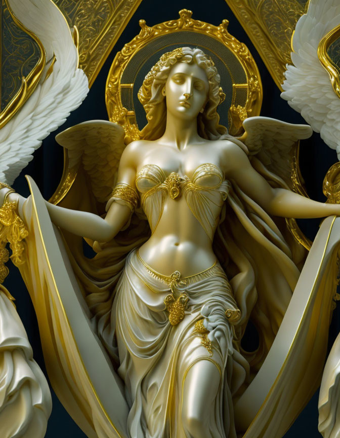 White-winged angel sculpture with golden details on dark background