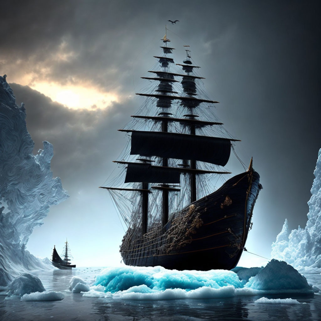 Tall ship sailing through icy waters and towering glaciers under dramatic sky