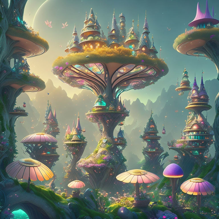 Fantastical landscape with towering mushroom structures and glowing ambiance