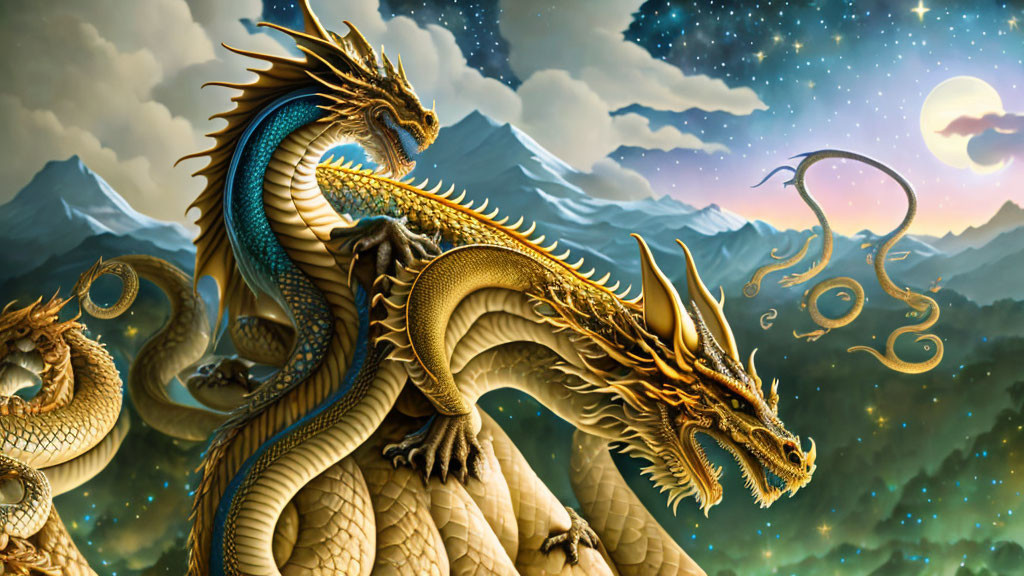 Majestic golden dragon on rock with mountain backdrop and starry sky