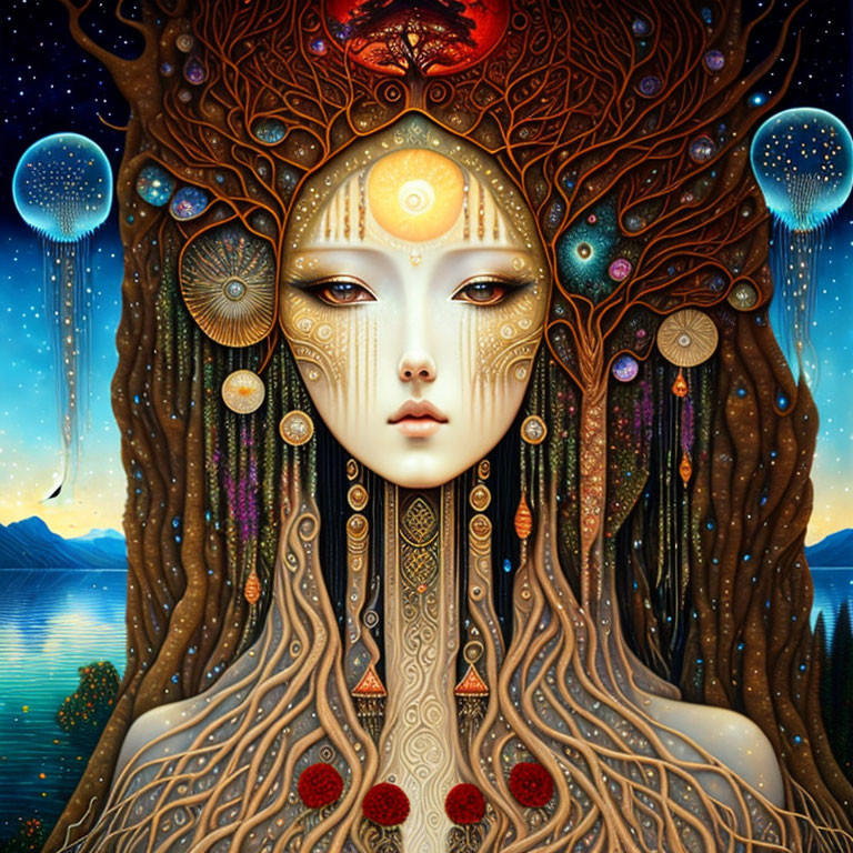 Surreal portrait: female figure merged with tree, cosmic elements, starry sky, mountainous