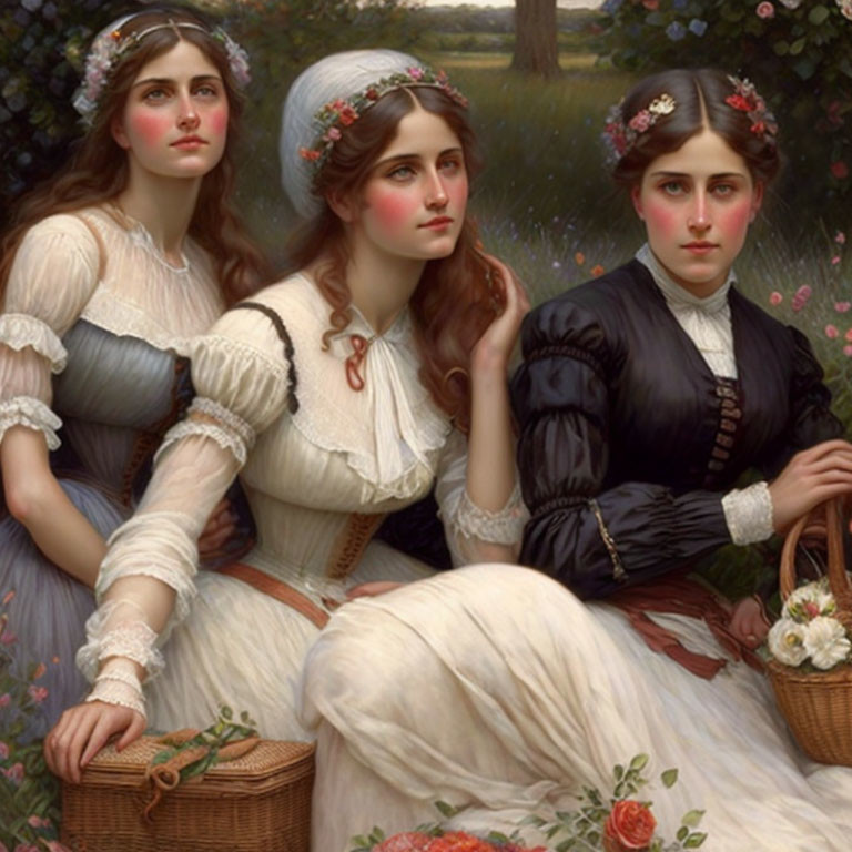 Vintage Dresses: Three Women in Floral Headbands Relaxing in Lush Field