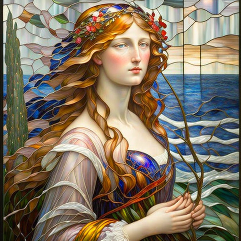 Red-Haired Woman with Floral Crown in Multicolored Gown by Sea and Forest