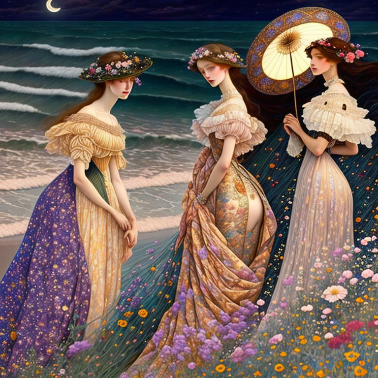 Vintage Dresses: Three Women by the Sea with Crescent Moon