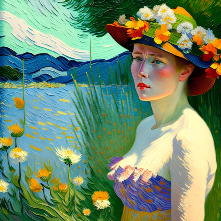 Woman with Flower-Adorned Hat by Lake: Vibrant, Swirly Colors