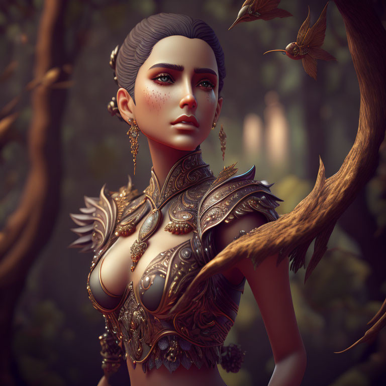 Digital illustration of woman in ornate armor in mystical forest with hummingbirds