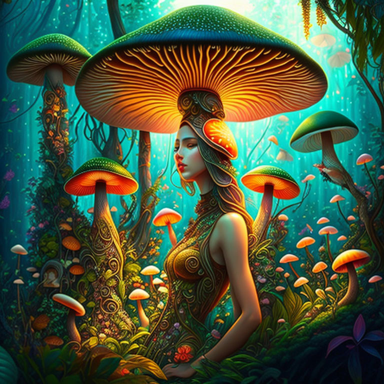 Surreal illustration of woman in mystical forest with luminescent mushrooms