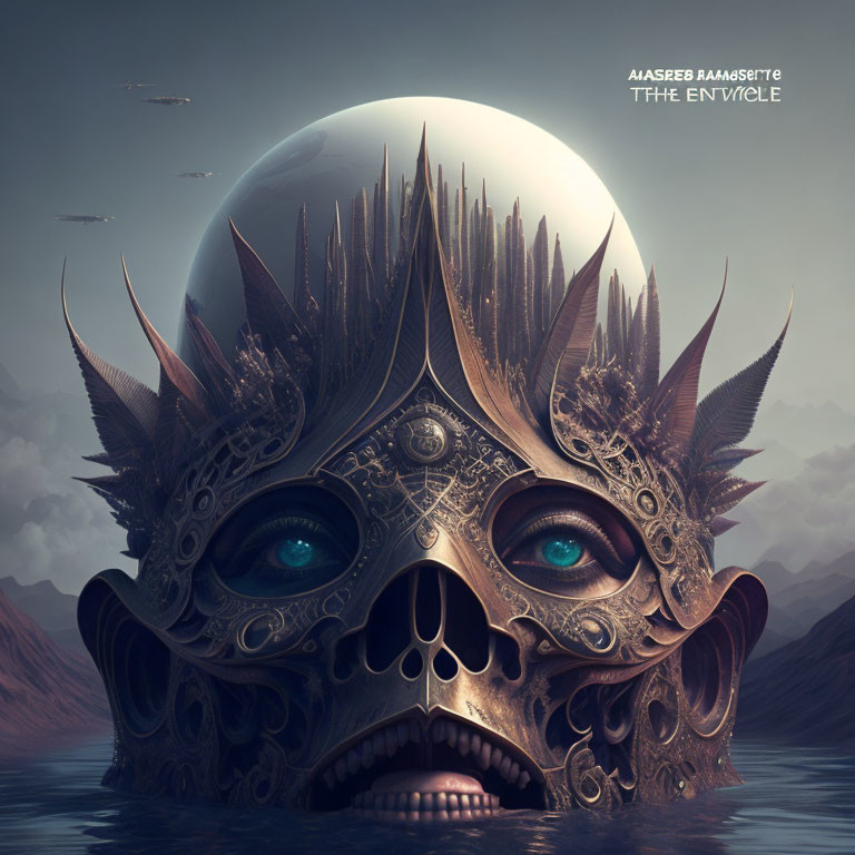 Submerged ornate mask with reflective sphere against mountainous backdrop