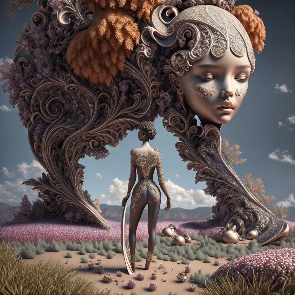 Surreal 3D Artwork: Giant ornate headpiece, slender figure, dreamlike