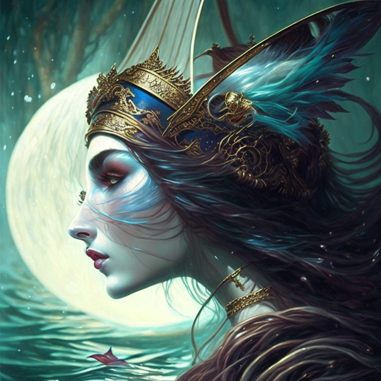 Fantasy Artwork: Woman with Crown and Feathered Headdress in Moonlit Setting