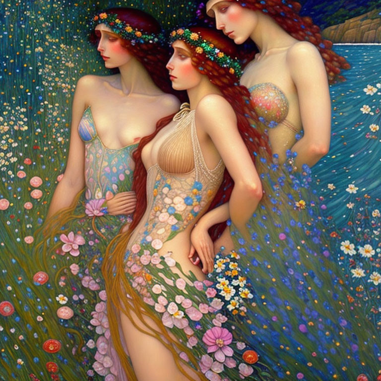 Ethereal Women with Red Hair Among Vibrant Flowers