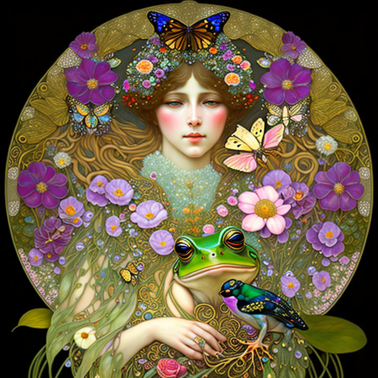 Stylized illustration of woman with flowers, butterflies, frog, and bird