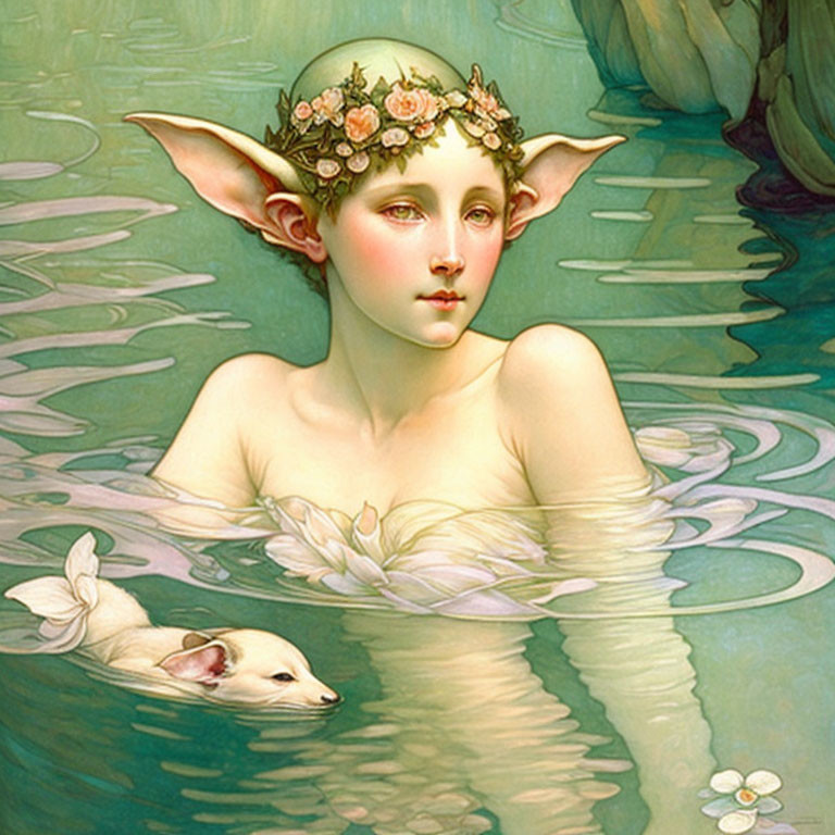 Ethereal being with pointed ears and floral crown beside a swan in serene water scene