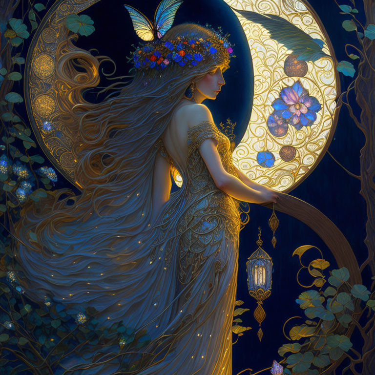 Mystical fairy with lantern in front of floral moon on starry night