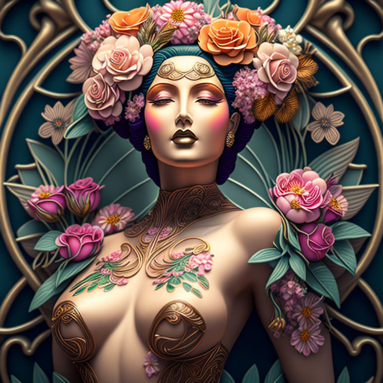 Stylized illustration of woman with floral tattoos and roses headpiece in Art Nouveau style