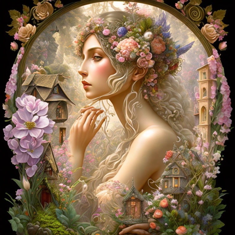 Fantastical portrait of woman with floral wreath and whimsical scenery