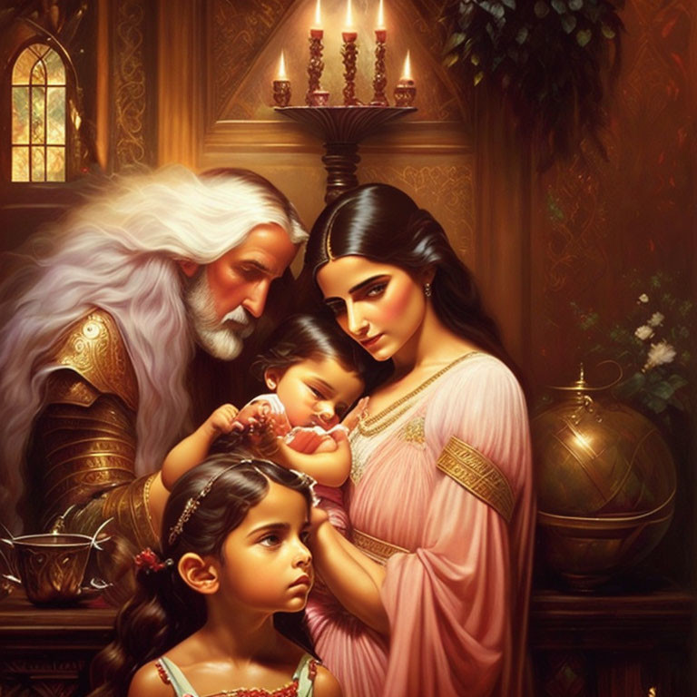 Elderly man in armor holds baby with woman and girl in candle-lit medieval room