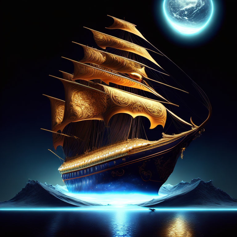 Golden ship sailing on tranquil sea at night under crescent moon