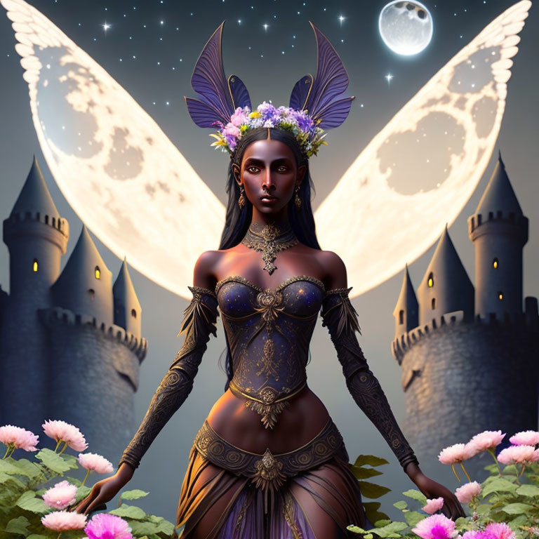 Fantasy illustration of woman in decorative attire in mystical garden with castles and dual moon.