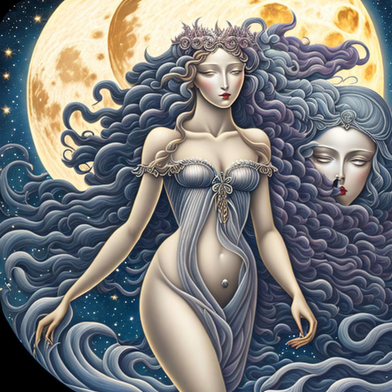 Illustration: Woman with flowing hair holding a mask in cosmic moonlit scene