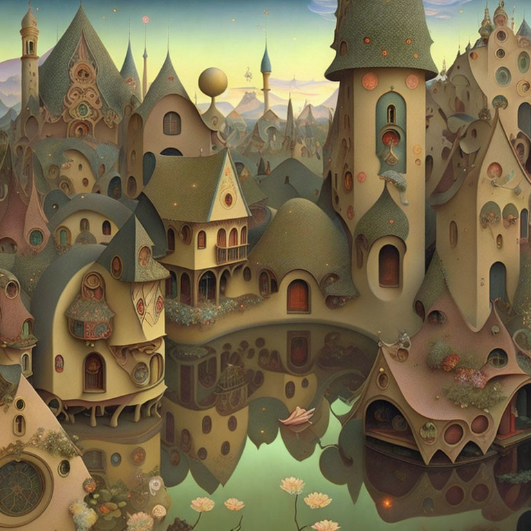 Whimsical village illustration with golden hues and reflective water