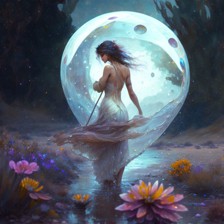 Woman in flowing dress walking towards large moon in mystical, starlit landscape