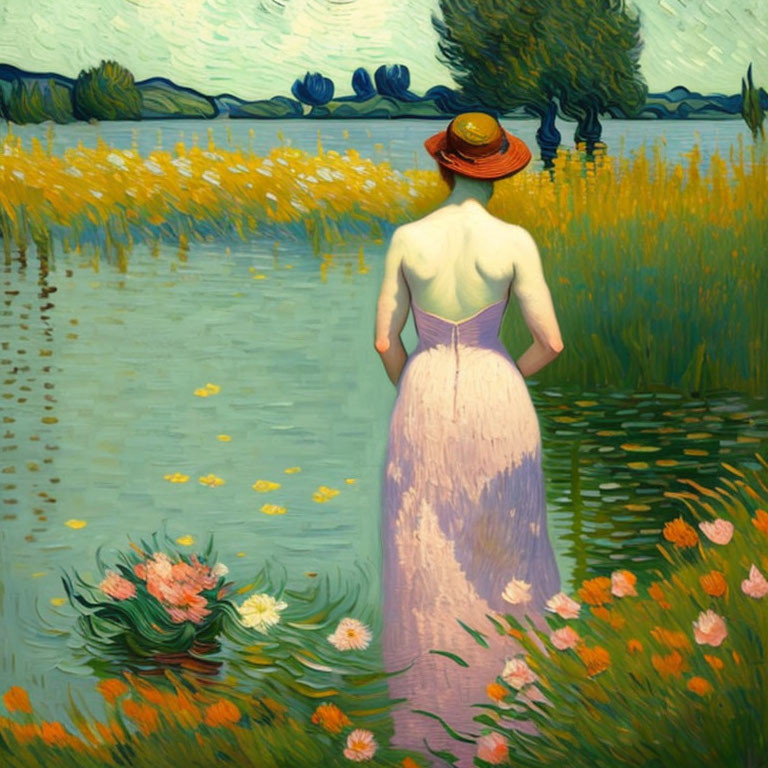 Woman in long dress and hat by tranquil river and blooming flowers