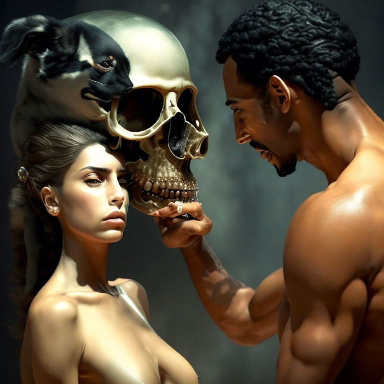 Intense man and woman with surreal dog-skull overlay portrait.