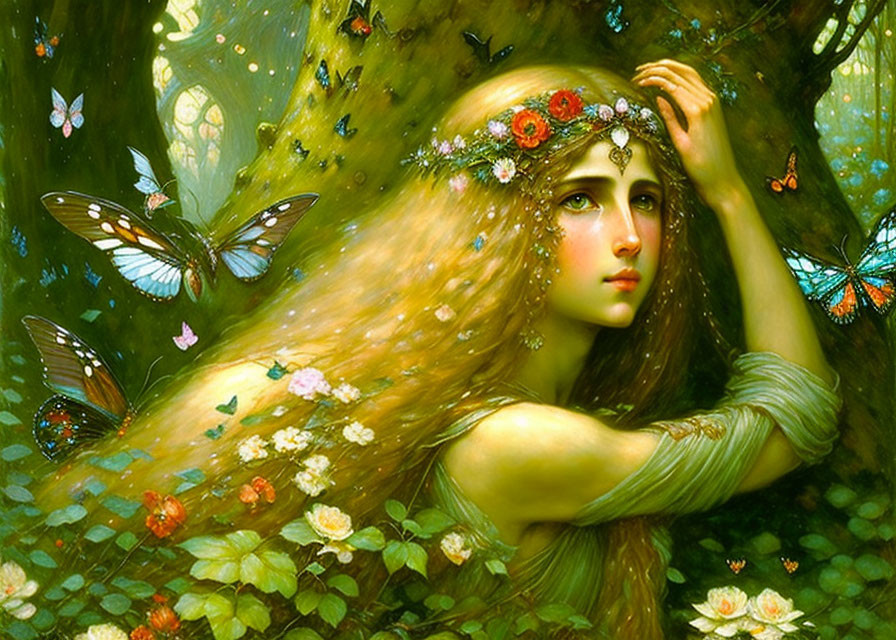 Woman with long hair and flowers, surrounded by butterflies in vibrant forest