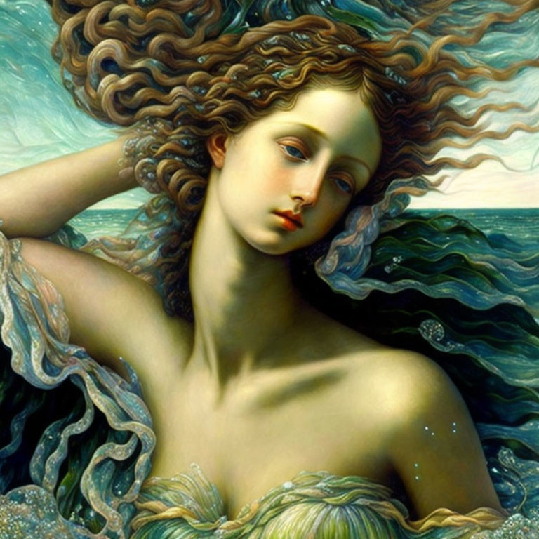 Woman with flowing hair in seashell dress against stylized ocean waves