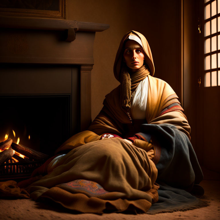 Woman in headscarf by fireplace with warm light filtering through window