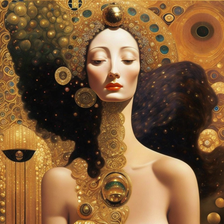 Stylized woman with golden celestial motifs portrait