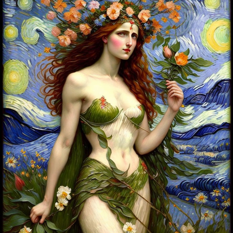 Woman with Red Hair and Floral Wreath on Starry Night Background