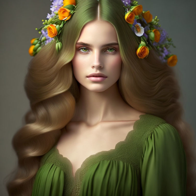 Digital artwork: Woman with flowing hair, flowers, green dress.