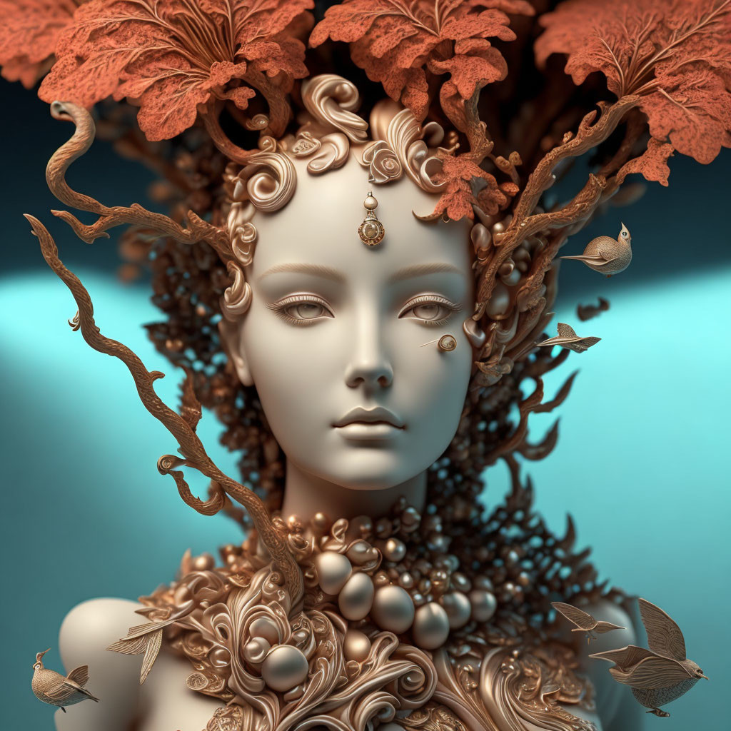 Surreal digital artwork of woman with ornate tree features